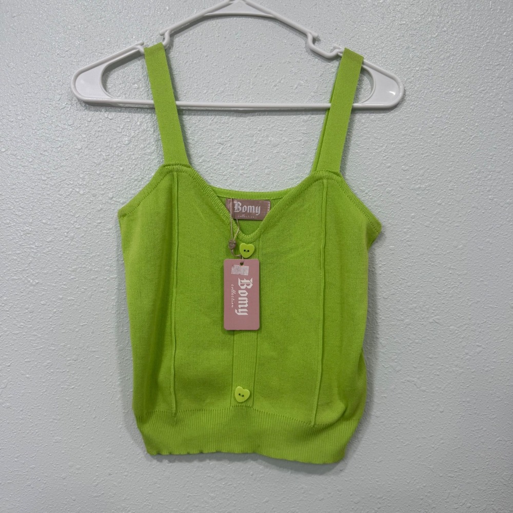 Bomy Collection Lime Green Knit Tank Top Heart Buttons Sweetheart Neck Large NEW